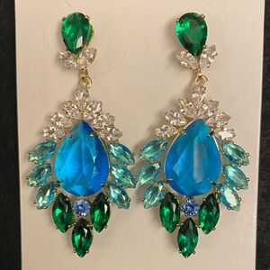 Glass Blue and Green Crystal Drop Earrings with Gold Tone Accents